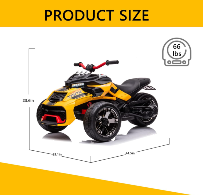24V Kids Ride On Motorcycle ATV, 3 Wheels, Yellow