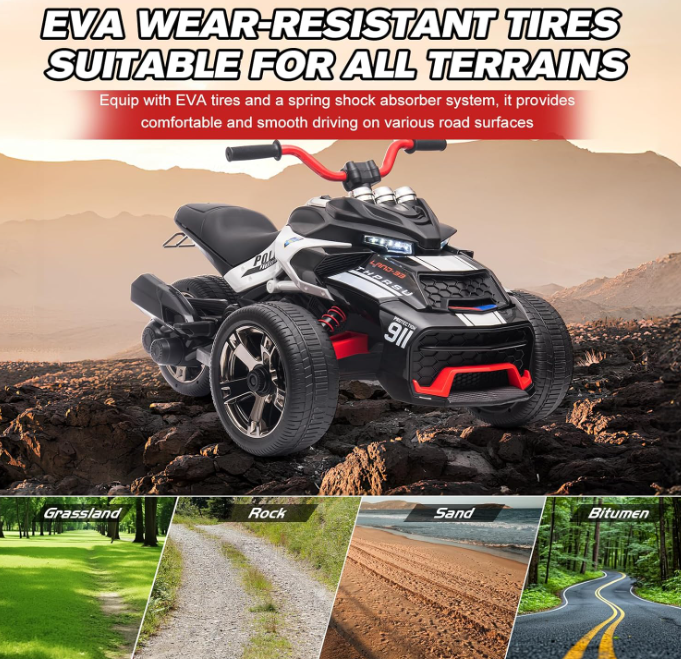 24V Kids Ride On Motorcycle ATV, 3 wheels, Police Motorcycle