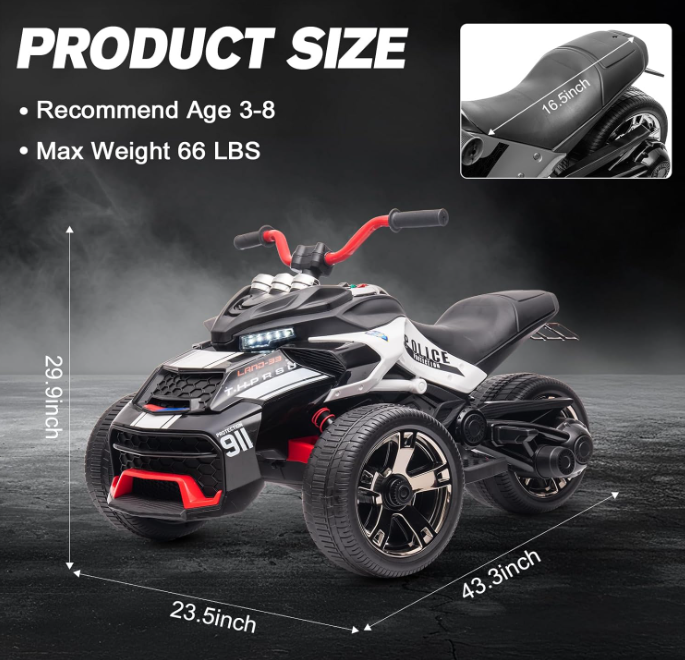 24V Kids Ride On Motorcycle ATV, 3 wheels, Police Motorcycle