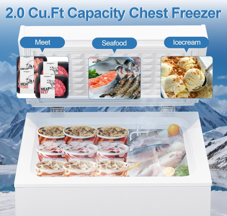 2.0 Cu.Ft Chest Freezer - Compact Deep Freezer with Removable Basket