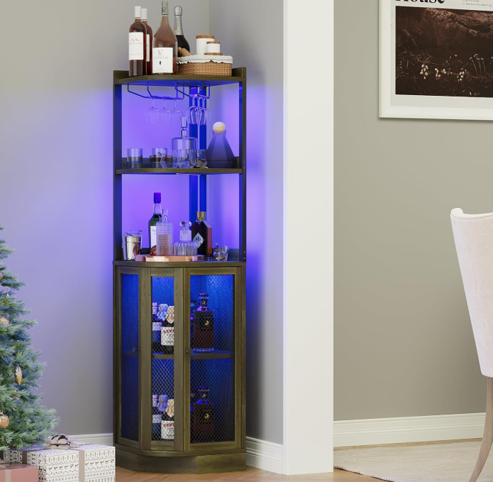 Corner Bar Cabinet with with Power Outlet and LED Strip,