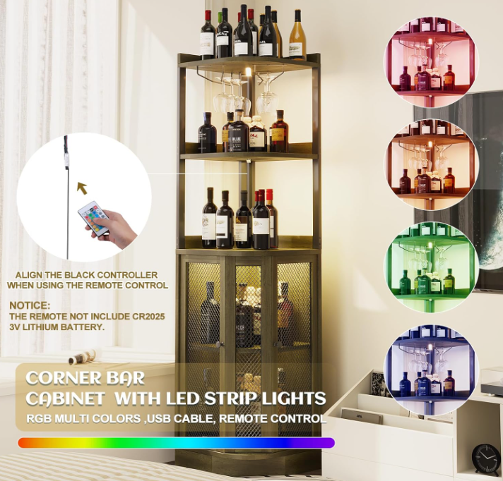Corner Bar Cabinet with with Power Outlet and LED Strip,