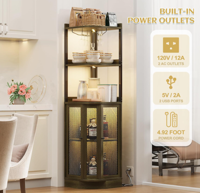 Corner Bar Cabinet with with Power Outlet and LED Strip,