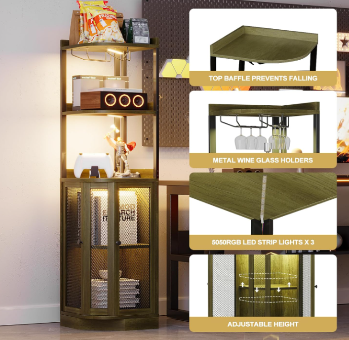 Corner Bar Cabinet with with Power Outlet and LED Strip,