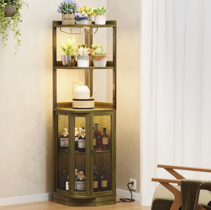 Corner Bar Cabinet with with Power Outlet and LED Strip,