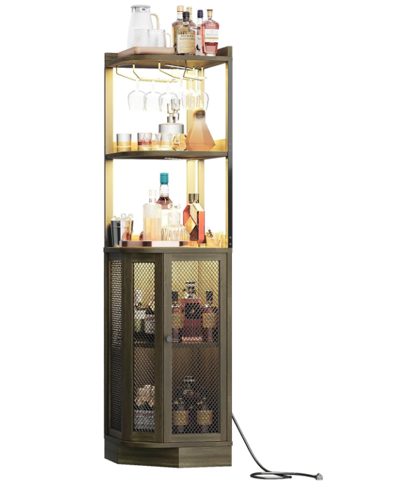 Corner Bar Cabinet with with Power Outlet and LED Strip,