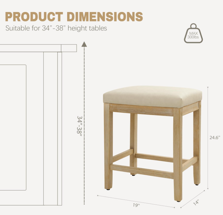 Counter Height Bar Stools Set of 2 for Kitchen, Beige