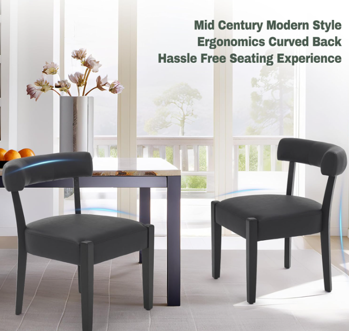Modern Black Dining Chairs Set of 2, Faux Leather Upholstered, Black