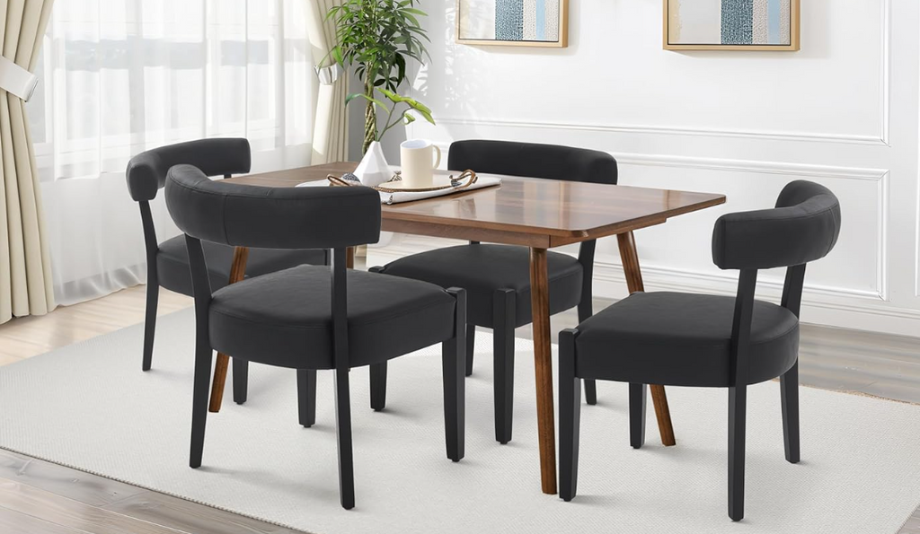 Modern Black Dining Chairs Set of 2, Faux Leather Upholstered, Black