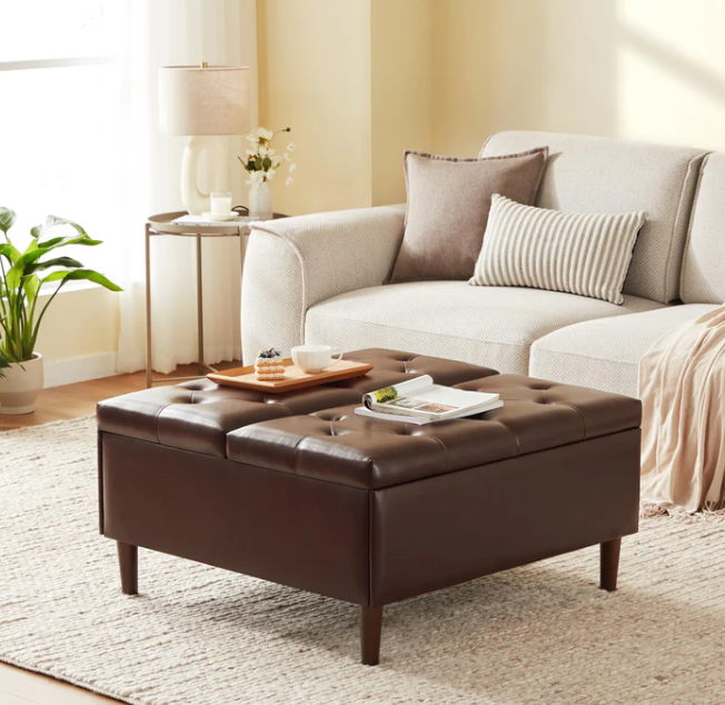 Weture 35 Inch Large Leather Storage Ottoman, Brown
