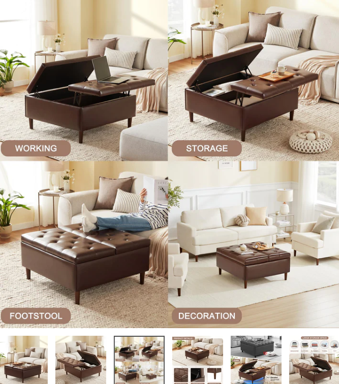 Weture 35 Inch Large Leather Storage Ottoman, Brown