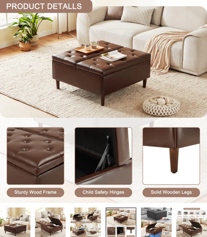 Weture 35 Inch Large Leather Storage Ottoman, Brown