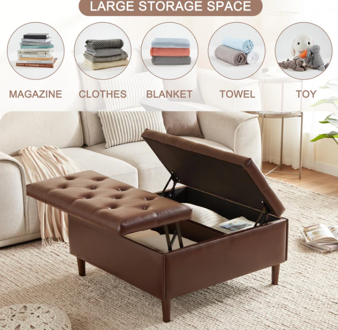 Weture 35 Inch Large Leather Storage Ottoman, Brown