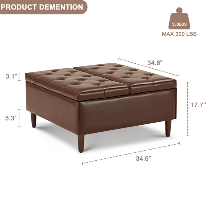 Weture 35 Inch Large Leather Storage Ottoman, Brown