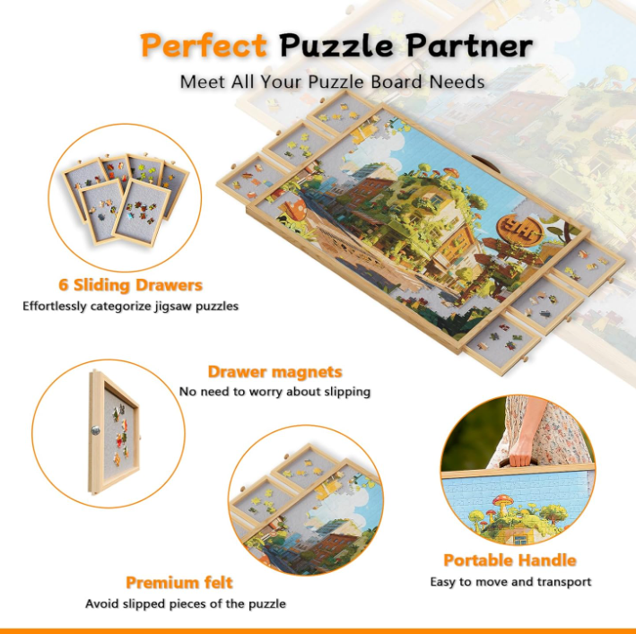 1500-Piece Rotating Puzzle Board with Drawers and Cover