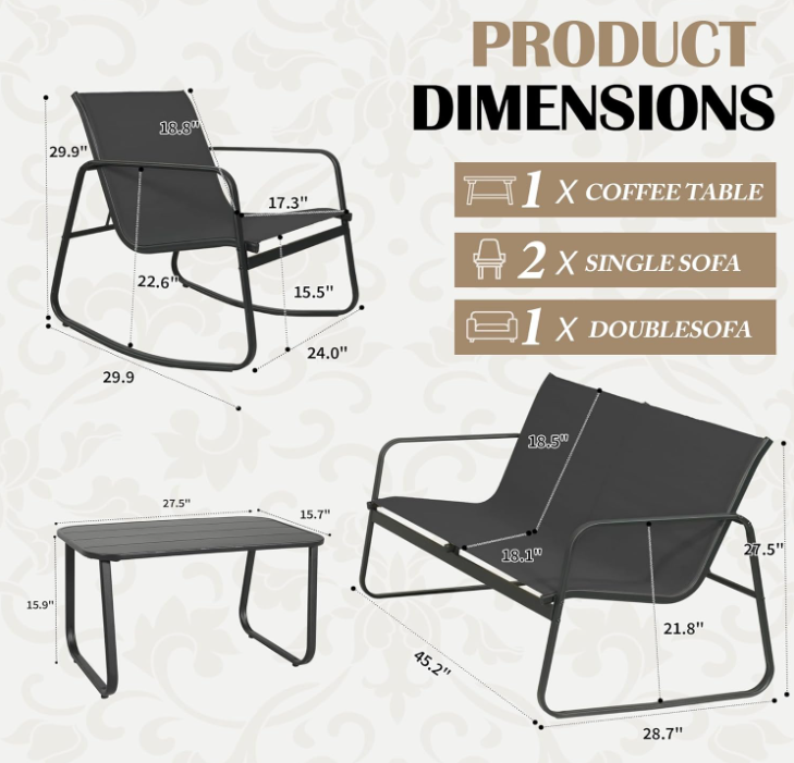 4 Piece Patio Furniture Set, Olefin Loveseat Outdoor Furniture with 2 Rocking Chairs
