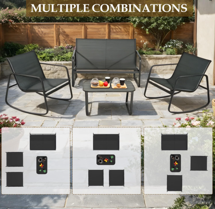 4 Piece Patio Furniture Set, Olefin Loveseat Outdoor Furniture with 2 Rocking Chairs