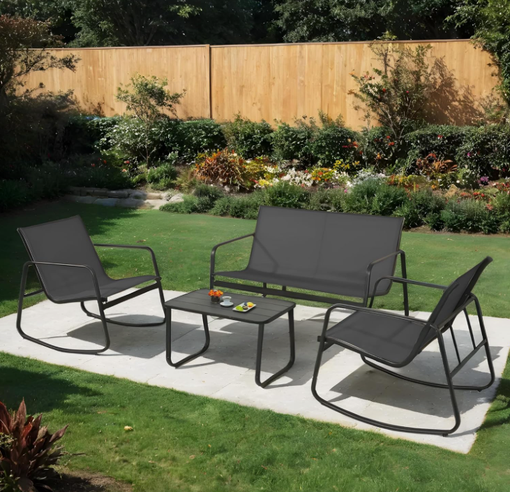 4 Piece Patio Furniture Set, Olefin Loveseat Outdoor Furniture with 2 Rocking Chairs