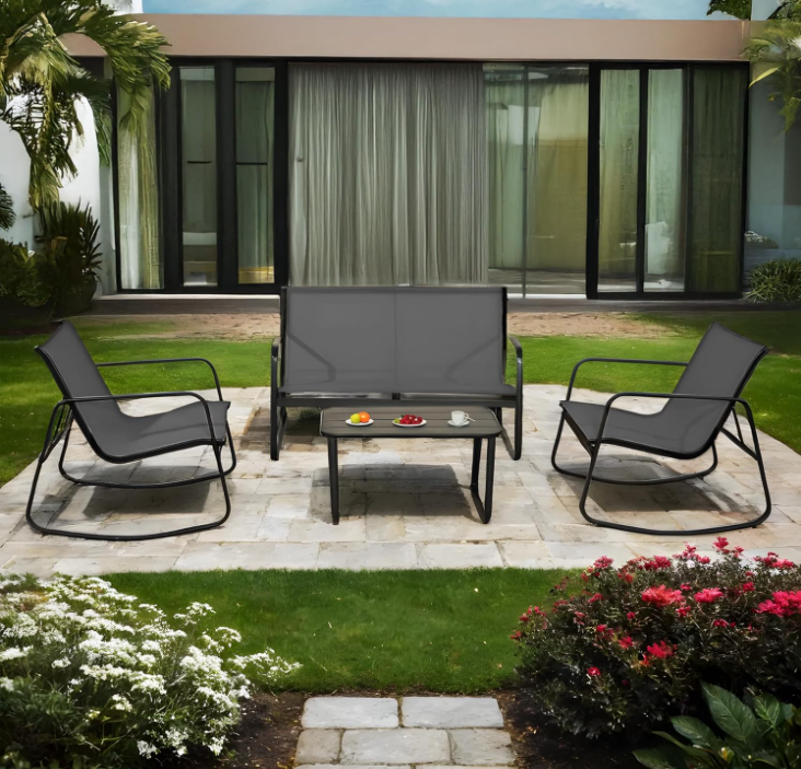 4 Piece Patio Furniture Set, Olefin Loveseat Outdoor Furniture with 2 Rocking Chairs