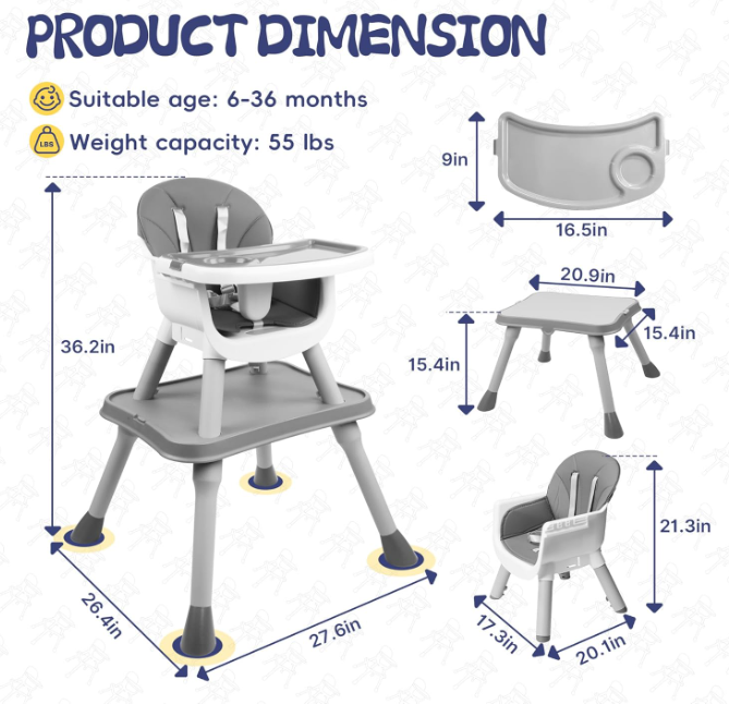 5 in 1 Baby High Chair, Toddler Chair with Removable Tray, Gray