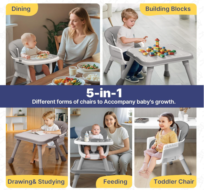 5 in 1 Baby High Chair, Toddler Chair with Removable Tray, Gray