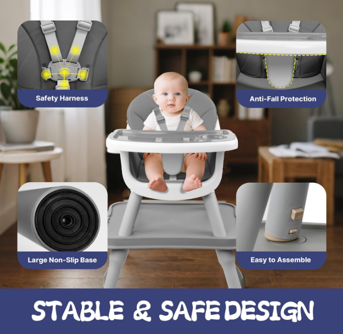 5 in 1 Baby High Chair, Toddler Chair with Removable Tray, Gray