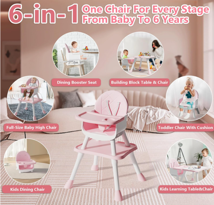 5 in 1 Baby High Chair, Toddler Chair with Removable Tray, Pink