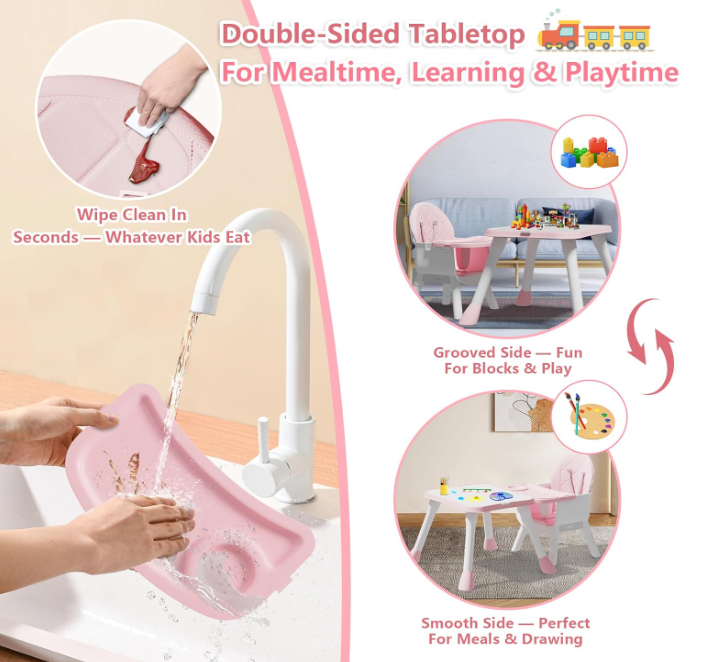 5 in 1 Baby High Chair, Toddler Chair with Removable Tray, Pink