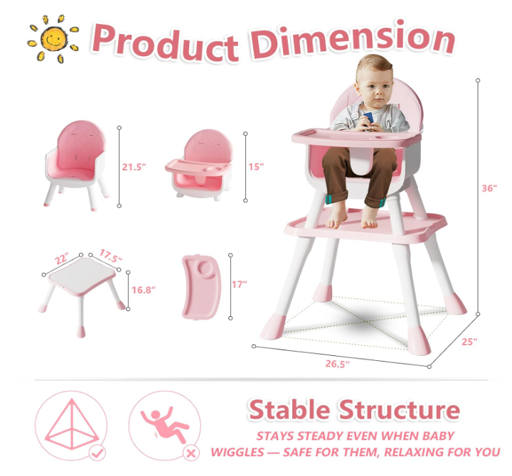 5 in 1 Baby High Chair, Toddler Chair with Removable Tray, Pink