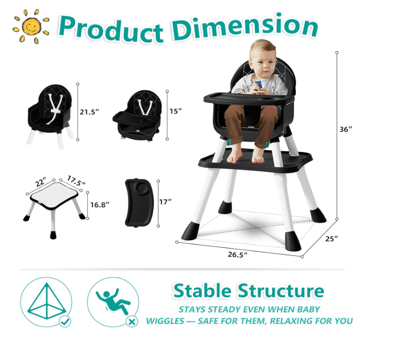 5 in 1 Baby High Chair, Toddler Chair with Removable Tray, Black