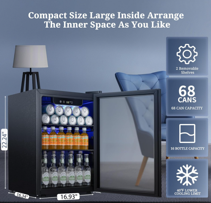 Beverage Refrigerator Cooler 68 Can, Mini Fridge with Glass Door